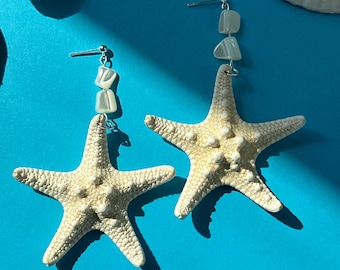 Chunky Starfish Dangle Earrings with Natural Shell Charm, Beach Wedding Bridal Earrings,  Beach Vacation Coastal Accessories, Gifts for Her