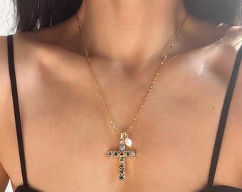 Colorful Cross Necklace with Freshwater Pearl Charm, Dazzling Crystal Cross Necklace, Statement Cross Necklace for Everyday Outfit