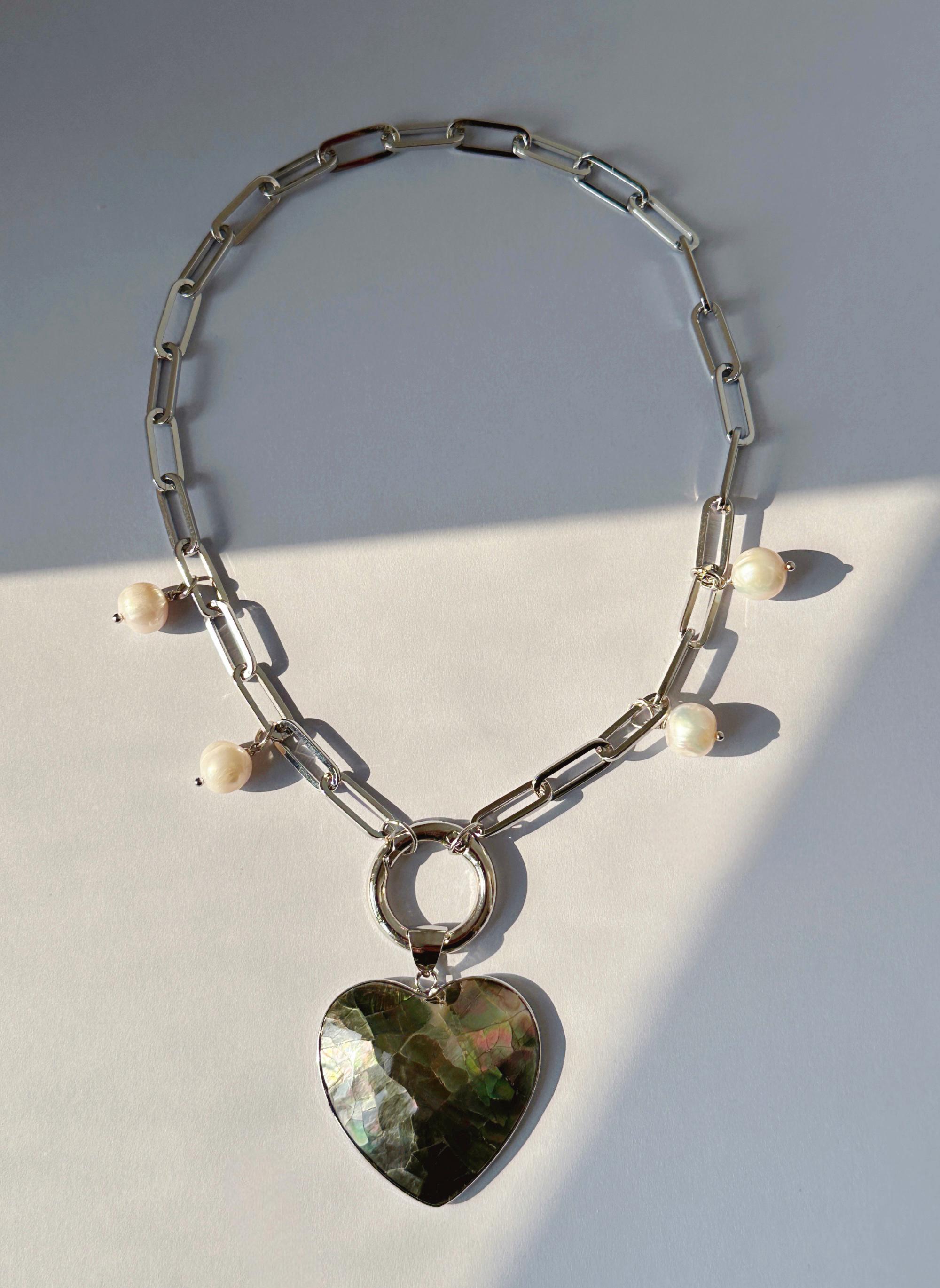 Black Mother of Pearl Heart Necklace With Pearl Charms