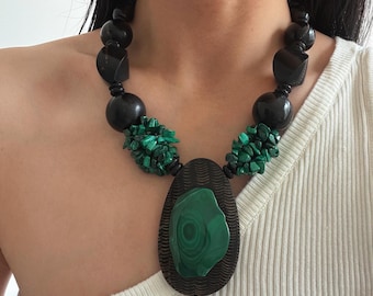Malachite & Buffalo Horn Statement Necklace, Hand Carved Natural Horn, One of a Kind Jewelry