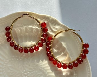 Chunky Red Carnelian Earrings, Striking Red Gemstone Hoop Earrings, Natural Stone Hoops, Hand Wired Large Earring Hoops, Valentines Gifts