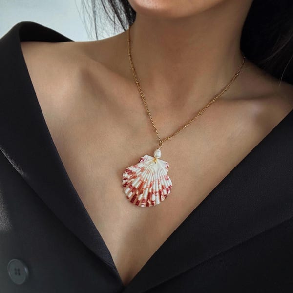 Natural Pink Scallop Shell Pendant Necklace • Beach Boho Summer Jewelry • Gifts for Her