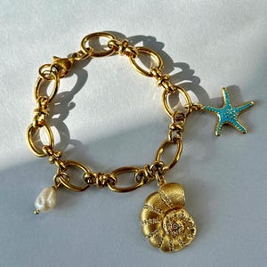 Oceanic Chunky Sea Shell Charm Bracelet, Sea Animal Chain Bracelet, Shell, Starfish, Freshwater Pearl, Retro Mermaid Bracelet, Gifts for Her