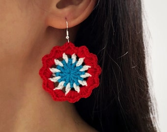 Handmade Crochet Earrings, Cute Crochet Dangle Earrings, Tropical Drop Earrings, Colorful Large Circle Earrings, Unique Beach Earrings