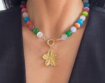 Multi Way Rainbow Gemstone Necklace with Floral Pendant, Chunky Stone Beaded Necklace, Multi Color Gem Choker, Summer Colorful Jewelry