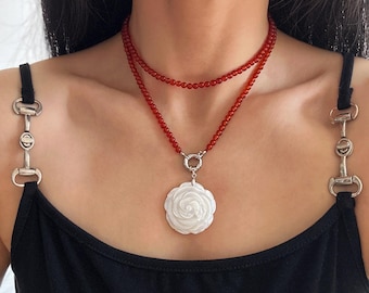 Stunning Red Carnelian Necklace with White Camelia Pendant, Red Gemstone Necklace, Multi-Way Long Necklace, Bold Statement or Minimalist