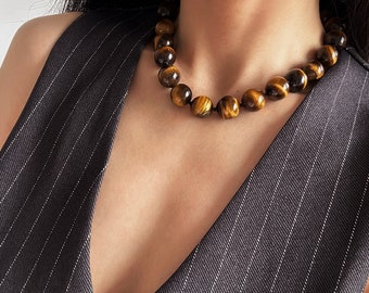 16 mmの大胆なタイガーアイネックレス、天然イエロータイガーアイ