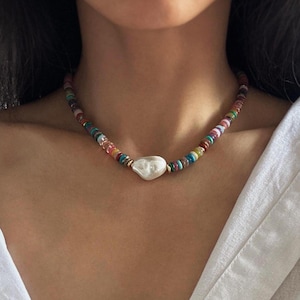 Rainbow Gemstone Necklace with Large Baroque Pearl, Multi Color Rondelle Beads Necklace, Bright Beaded Necklace Choker, Colorful Gem Jewelry
