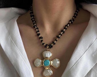Genuine Black Obsidian Necklace with Chunky Cross Pendant • Statement Cross Necklace • Turquoise & Freshwater Pearl • Classical Necklace