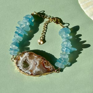 Chunky Aquamarine Bracelet with Brazilian Agate Charm, Ocean Vibes Bracelet, Blue Stone Beaded Bracelet, Mermaid Bracelet, Stone Jewelry