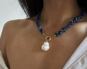 Natural Lapis Lazuli Necklace with Baroque Pearl Charm, Large Baroque Pendant Necklace, Blue Gemstone Beaded Necklace, Multi-way Gem Choker