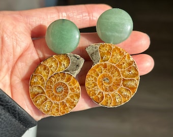 Oversized Ammonite Fossil Earrings with Green Aventurine • Shell Fossil Jewelry • Unique Gifts for Her