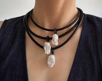 Triple Strand Baroque Pearl Necklace • Statement Leather Cord Necklace • Natural Gifts for Women