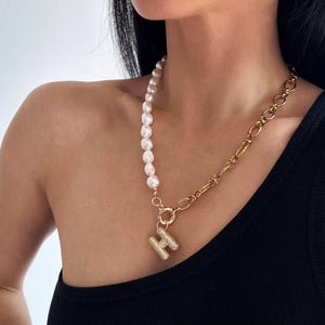 Multi Way Half Pearl Half Chain Necklace, Pearl Statement Necklace, Real Pearl Necklace with Pave Bubble Pendant, Bubble Letter Necklace