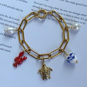 Ocean Themed Charm Bracelet, Summer Multi Charm Bracelet, Sea Turtle, Lobster Charm, Real Pearls, Heart, Mermaid Bracelet, Ocean Lover Gifts