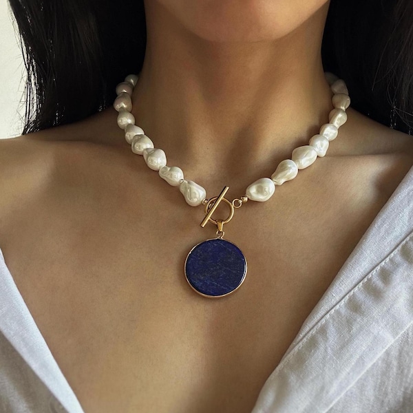 Collar grande de perlas barrocas con lapislázuli azul • Elegante gargantilla de perlas • Regalos para mujeres