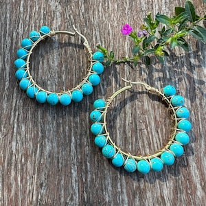 Turquoise Hoop Earrings, 2 Inch Turquoise Hoops, Handmade Boho Hoops, Synthetic Turquoise Stone, Light Weight
