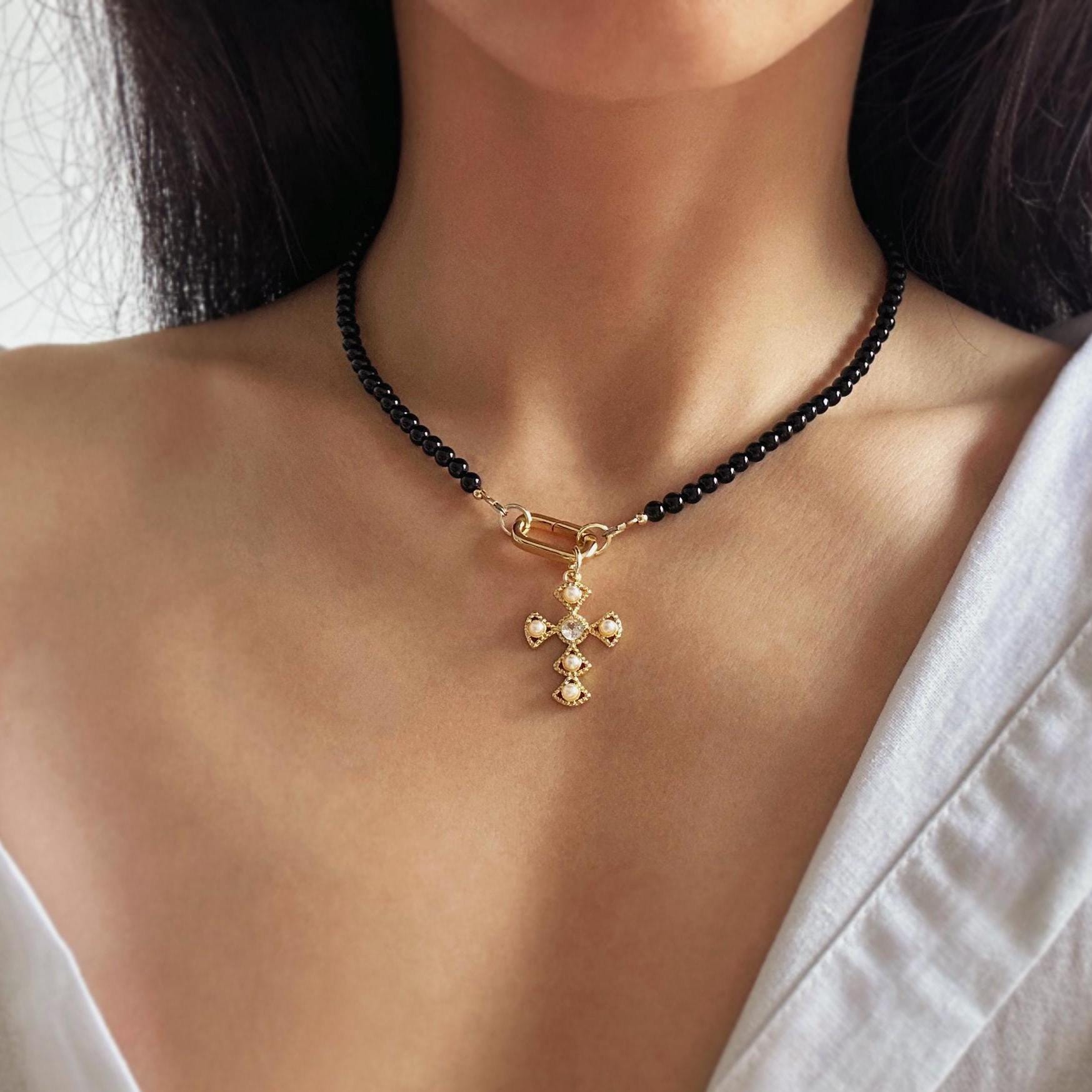 Natural Black Obsidian Necklace with Gold Cross Pendant, Dainty Black Stone Beaded Necklace, Multi-way Cross Pendant Necklace, Cross Gift