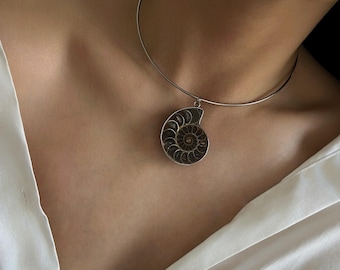 Ammonite Fossil Necklace • Natural Shell Fossil Neck Wire • Unique Summer Jewelry