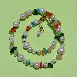 Summer Colorful Gemstone Choker, Multi Color Stone Necklace with Freshwater Pearls, Pearl and Gemstone Necklace, Perfect for Stacking