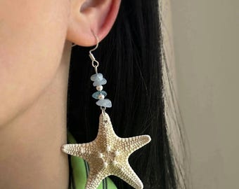 Chunky Starfish Dangle Earrings with Aquamarine & Pearl Charm, Beachy Vibe Real Starfish Earrings, Nautical Wedding Bridal Earrings