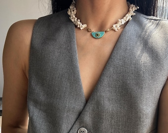 Collier Vintage En Coquillages Et Nacre Turquoise Irisé - Bijou D'occasion Bohème