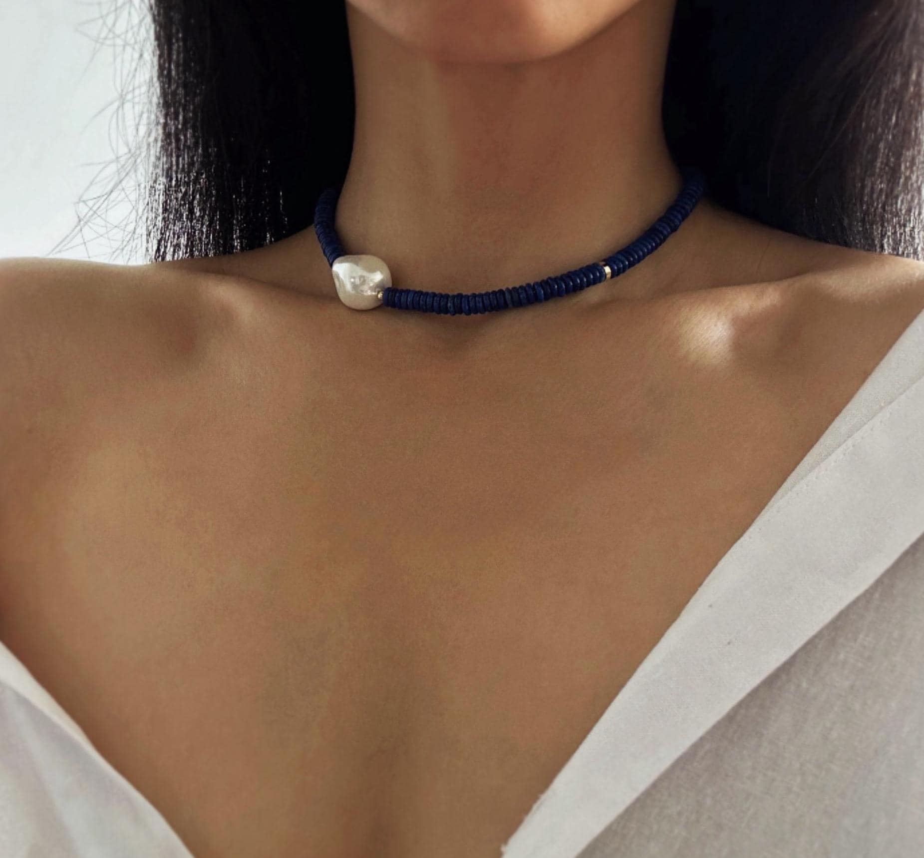 Elegant Lapis Lazuli Necklace with Large Baroque Pearl, Timeless Blue Gemstone Choker Necklace, Blue Lapis and Pearl, Gemstone Gift for Her