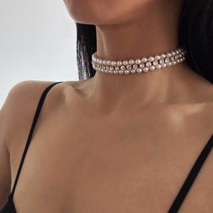Dazzling Multi Layer Pearl Choker, High Luster Pearl and Rhinestone Necklace, Bridal White Pearl Necklace, Simple & Elegant, Gifts for Her