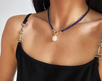 Dainty Lapis Lazuli Necklace with Baroque Pearl Pendant, Gemstone and Pearl Necklace, Multi Way Necklace Choker, Elegant Everyday Necklace