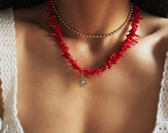 Red Coral Chip Necklace with Gold Sun Pendant, Dainty Sun Necklace, Sunburst Necklace, Sea Shell Choker, Summer Layering Necklace