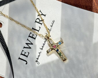 Cross Necklace, Dainty Cross Pendant Necklace with Colorful Gemstone, Gold Cross Christian Necklace, Faith Necklace, Gold Cross Necklace