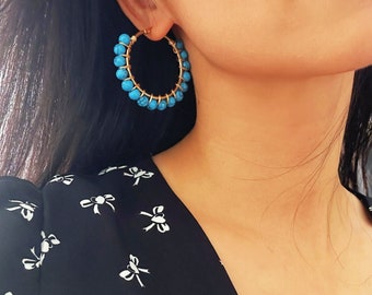 Turquoise Hoop Earrings, Turquoise Hoops, Minimalist Earrings, Bohemian Earrings,  Statement Earrings, December Birthstone - 2" ( 5cm )