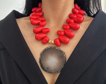 Statement Red Beaded Necklace with Large Black Agate Pendant • One-of-a-Kind Red Jewelry