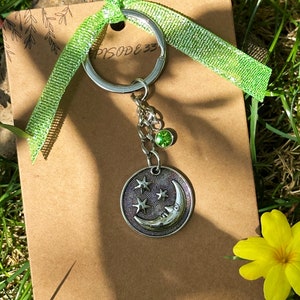 Star and Moon Keychain, Crescent Moon and Star Keychain, Celestial Keychain, Personalised Birthstone Keyring, Birthstone Keychain, Gift Idea