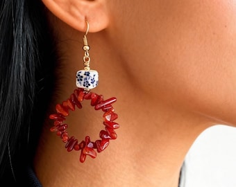 Red Coral Earrings with Blue Floral Charm • Chunky Coral Chip Hoops • Colorful Beachy Jewelry