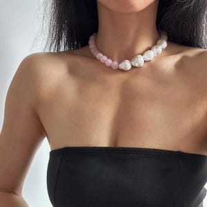 Large Baroque Pearl Necklace with Rose Quartz Stone, Multi Way Pearl Statement Necklace, Bold Wedding Necklace, Natural Pink Stone Jewelry
