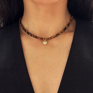 Evil Eye Sun Choker • Yellow Tiger Eye Beaded Necklace • Healing Stone Jewelry