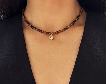 Ras de cou soleil mauvais œil • Collier de perles oeil de tigre jaune • Bijoux en pierre de guérison