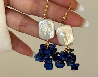 Lapis Lazuli and Baroque Pearl Earrings • Genuine Blue Gemstone Drop Earrings • Elegant Gifts for Women