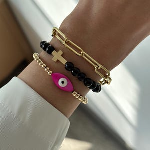 Set of 3 Evil Eye Bracelet, Natural Black Agate Cross Bracelet, Paper Clip Chain Bracelet, Trendy Bracelet, Boho Chic Bracelet Set