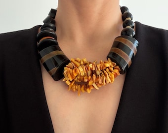 Opaque Amber & Buffalo Horn Necklace, Chunky Collar Necklace, Statement Jewelry