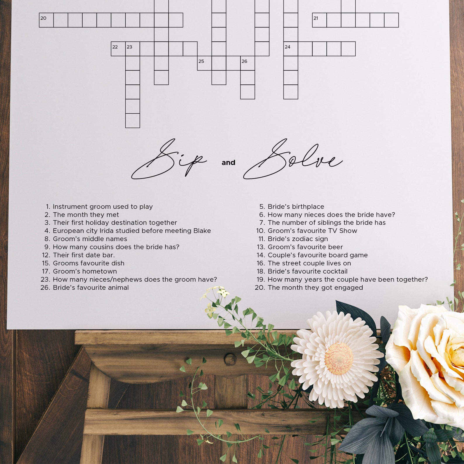 Custom Wedding Crossword Puzzle Template, Personalized Bridal Shower