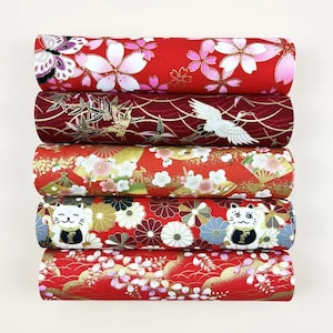Red Quilting Crafting Sewing; Flower Printed Fabric, Kimono Dress Fabric, Home Textile Patchwork Material,  5pcs 20 * 25 cm