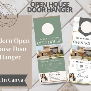 May include: A printable open house door hanger template with a modern design. The template features a green and white color scheme with a photo of a house, a realtor's contact information, and the text "You're invited to my open house".