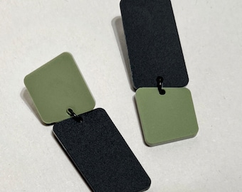 Pendientes Bauhaus asimétricos: modernos colgantes en verde oliva y negro