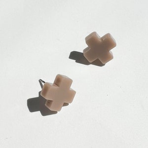 Cross stud earrings, taupe earrings, dusty rose earrings, earthy tones, small studs, surgical steel, hypoallergenic earrings