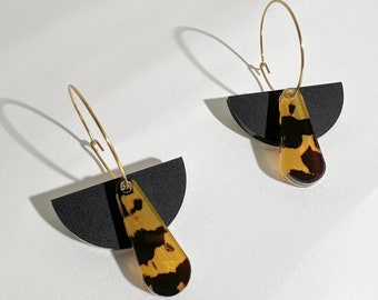 Art Deco Hoop - Gold Hoop with Black and Honey Tortoise Shell Dangle Earrings, Modern Art Deco Earrings, Geometric, Teacher Gift for Her
