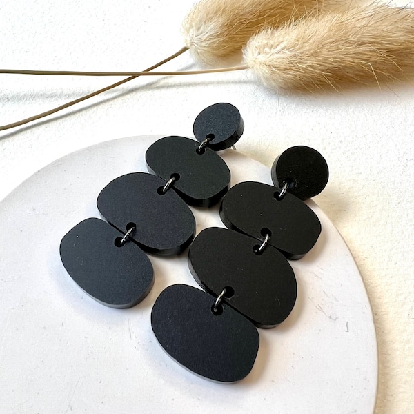 Long black dangle earrings | Matte black drop earrings | statement earrings for women | unique handmade earrings | Surgical Steel Posts