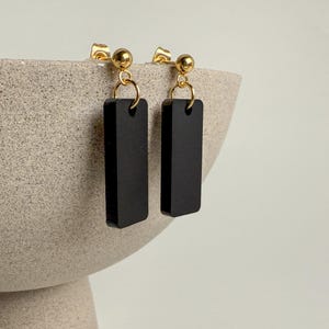 Small Black Dangle Earrings with Gold Stud, Lightweight Drop Earrings for Women Handmade Black Minimalist Earrings with Hypoallergenic Post