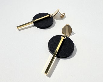 Kyra Black and Gold Dangle Earrings Minimalist Drop Earrings, Mothers Day Gift for Her, Gold Bar and Disc Statement Earrings for Women